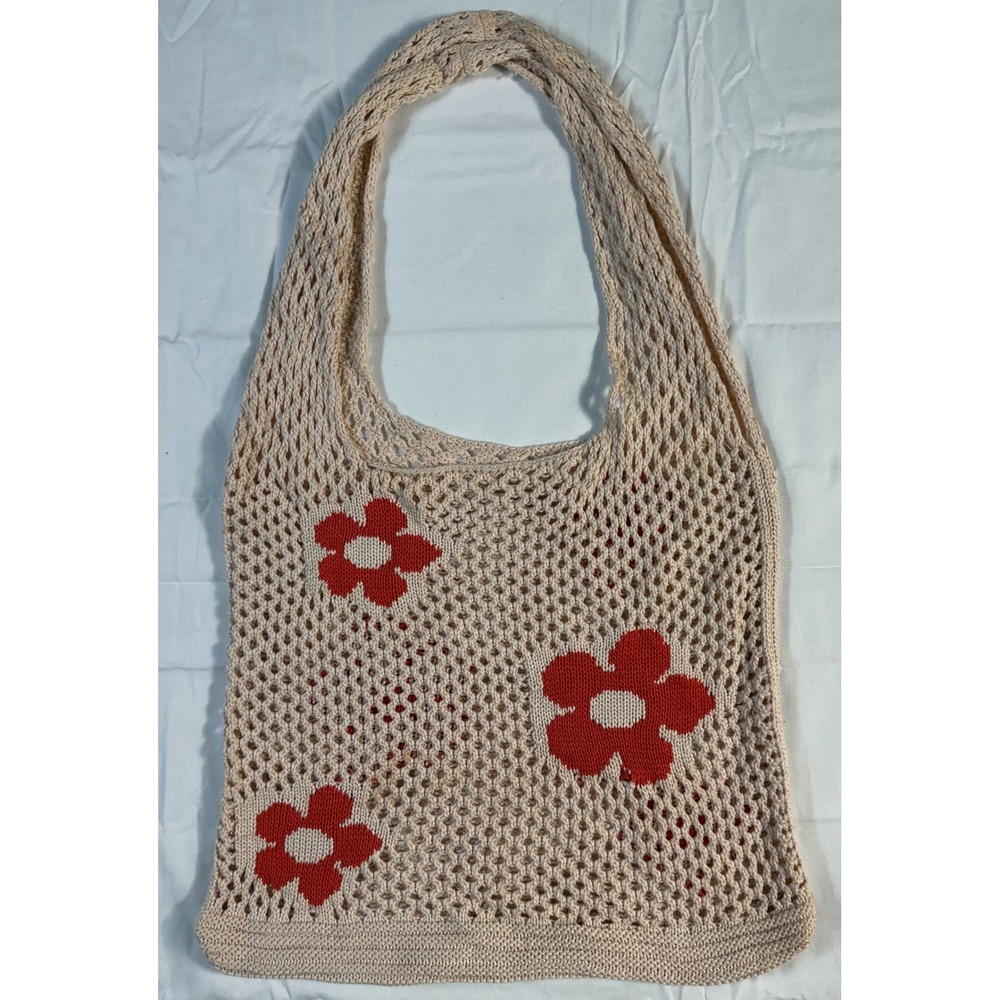 Crochet Market Tote Bag Cream Orange Daisy Floral Boho Retro Shoulder Purse